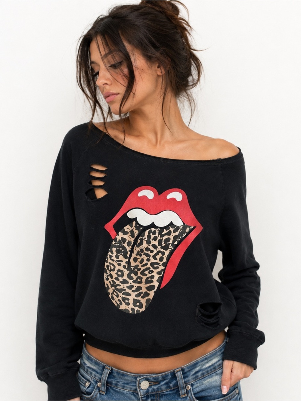 Rolling Stones Leopard Tongue Distressed Black Sweatshirt Size L Y2K Rock Grunge